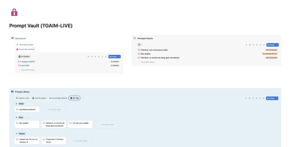 Screenshot de la bibliothèque de prompt automatisé crée par Gaëlle Helsmoortel dans Notion. Ce template est expliqué et est accessible aux personnes qui ont achetés la formation en ligne de Gaëlle : The Generative AI Methodology.