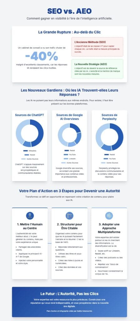 Infographie sur les 3 étapes pour devenir une autorité et être citée par les IA. 